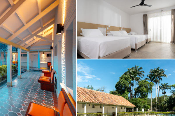 Collage con Pasillo, baldosas adornadas de formas geométricas azules, blancas y rojas; sillones naranjas y columnas que sostienen el techo, Habitación con descuento con dos camas, una doble y la otra sencilla, con mesas de noche y lámparas para cada una; televisor, ventilador y baño privado y Jardín con palmeras y una fuente en el centro, rodeada de arbustos con praderas verdes, que a su vez están delimitadas por una línea recta de arbustos que separan el prado de las cabañas, las cuáles tienen tarifas especiales del centro vacacional Las Palmeras