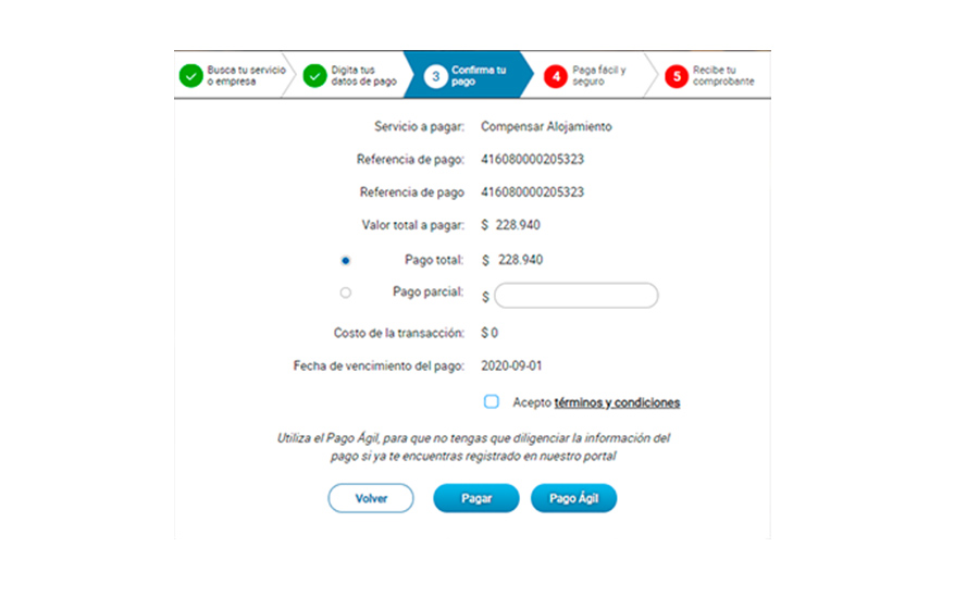 Feed del tercer paso del proceso de AvalPay Center para recaudo en línea de hoteles Compensar que consiste en la confirmación del pago del servicio escogido