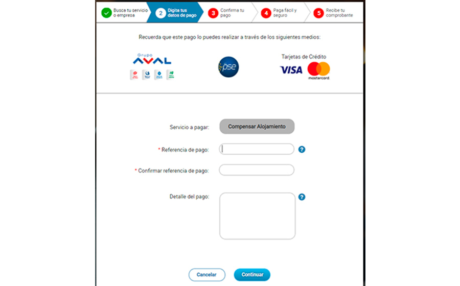 Feed del segundo paso del portal AvalPay Center para pago de reservas en línea de los hoteles Compensar que consiste en el diligenciamiento del formulario para completar los campos con el número de referencia del pago de la reserva