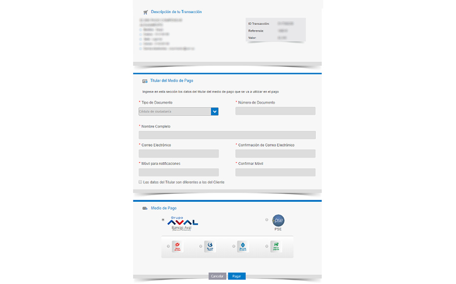 Feed del cuarto paso del proceso de pago por AvalPay Center para el recaudo en línea de los hoteles Compensar que consiste en brindar los datos requeridos por el portal para seleccionar la opción PSE