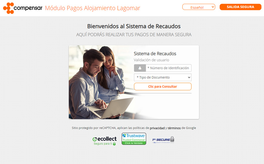Feed del segundo paso del módulo de pago en línea de Lagomar para alojamiento, que consiste en la diligencia de los campos de acceso que muestra a una pareja realizando el proceso de llenar los datos correspondientes