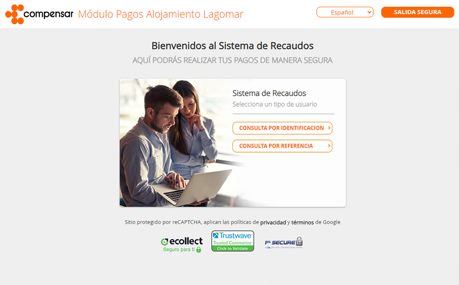 Feed del módulo de recaudo en línea, el cuál es el primer paso del proceso de cómo pagar las reservas en los hoteles Compensar que muestra a una pareja revisando sus cuentas en un computador