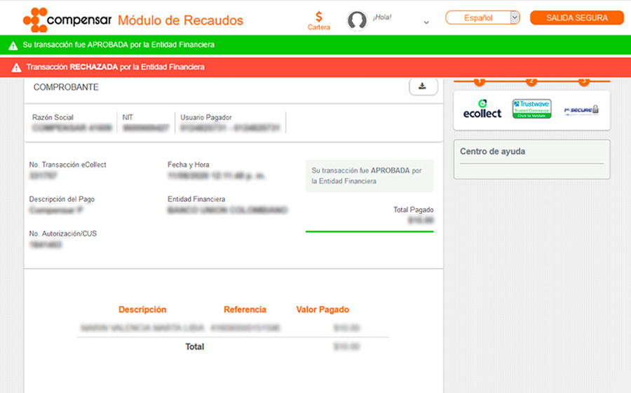 Feed del quinto paso para finalizar el proceso de medios de pago Lagosol y Lagomar que consiste en la confirmación del pago a realizar para adquirir los servicios de hospedaje