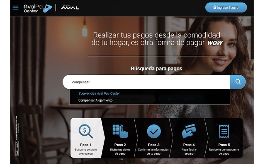 Feed del portal AvalPay Center como primer paso a realizar para el recaudo en línea de hoteles Compensar que consiste en seleccionar en el buscador de convenios la opción Compensar alojamiento