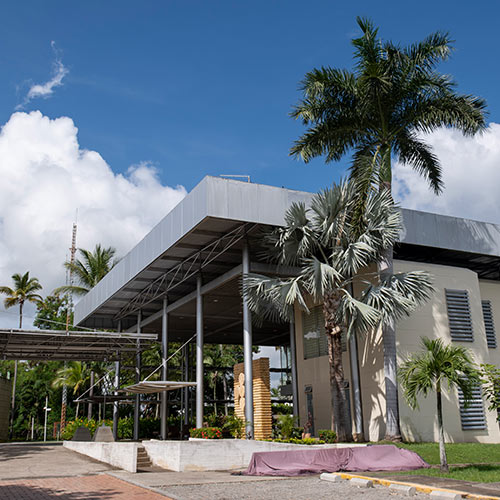 Edificio de la recepción donde puedes acceder a los planes de una noche hotel Lagomar, con techo de color gris y paredes blancas, a su alrededor hay palmeras y variedad de árboles