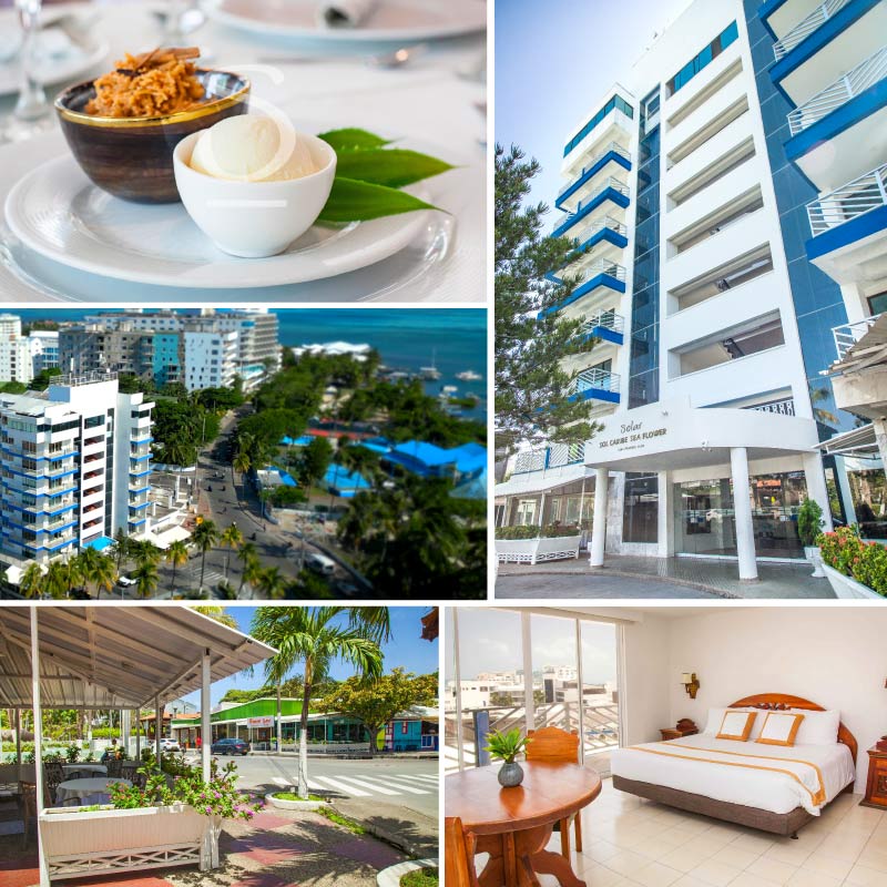 Collage de cinco fotos en el cual se puede ver un plato con pure, otro con algo crocante, un gran edificio de nueve pisos, una toma aérea del mismo edificio en la cual se alcanzan a ver árboles y el mar de fondo, un techo que cubre unas mesas blancas y, por último, una habitación que tiene un gran ventanal y está incluida en las promociones Hoteles Sol Caribe y Compensar