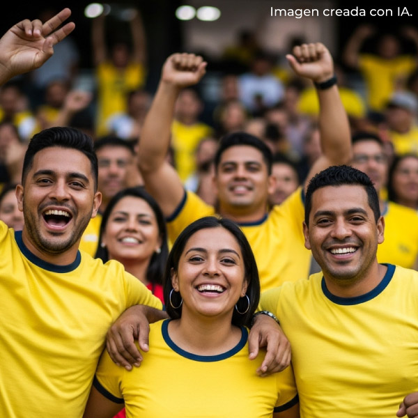 Tres amigos, rodeados de más aficionados vestidos de amarillo, celebran con entusiasmo en la tribuna y posa abrazada entre la multitud, una escena perfecta para quienes quieren asegurar entradas para el mundial 2026 al mejor precio sin perderse la fiesta