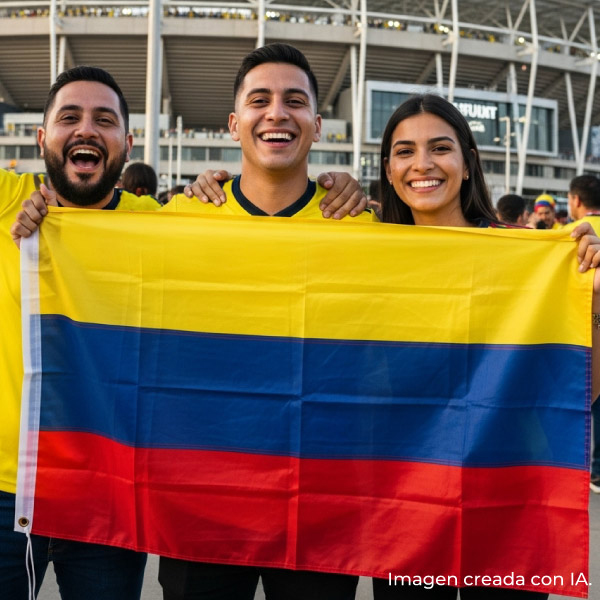 Un grupo de hinchas colombianos sonríe mientras sostiene una gran bandera tricolor frente a un estadio, vestidos con camisetas amarillas y listos para vivir el ambiente futbolero, ideal para quienes buscan paquetes para el campeonato mundial durante el 2026
