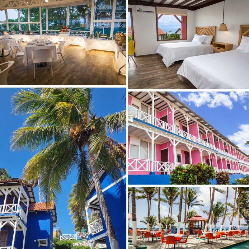 Collage de imágenes en el cual se puede ver un restaurante con grandes ventanales, una habitación con dos camas blancas, un edificio de dos pisos de color rosado con blanco, unas sillas rodeadas de palmeras y un edificio azul con blanco; los cuales están incluidos en los paquetes de Hoteles Sol Caribe con descuento